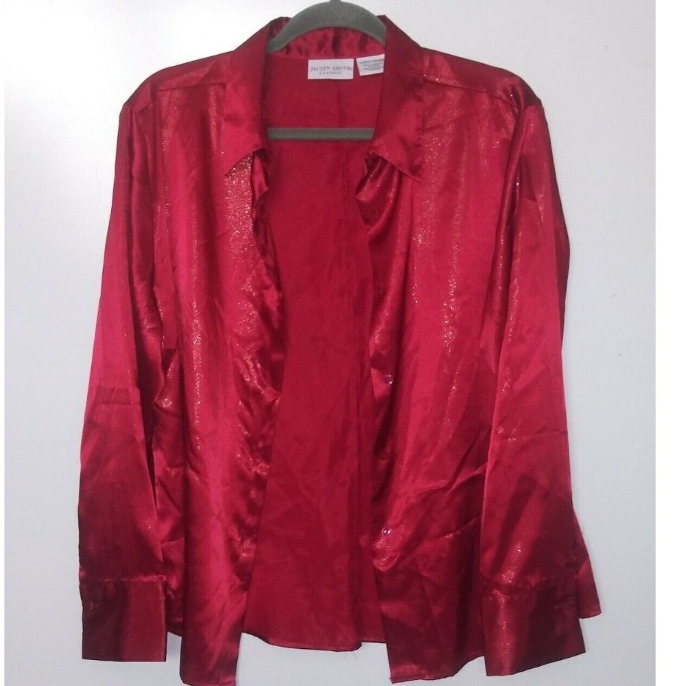 Jacklyn Smith Womens shirt top Shimmery RED Burgundy Long Sleeve Sz L Collar